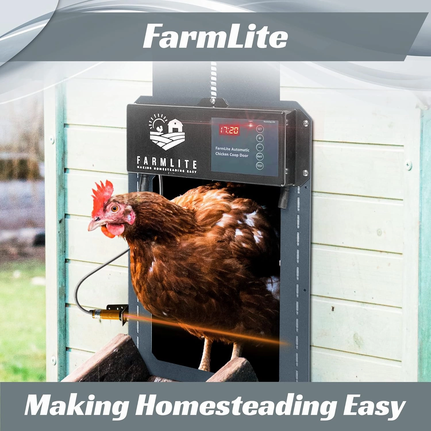 FarmLite Automatic Chicken Coop Door Opener | Non-Battery Powered Automatic Chicken Door | Automatic Coop Door with Timer, Light Sensor and Remote Controls