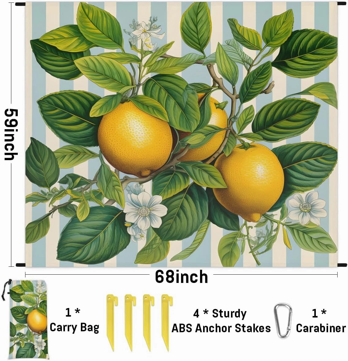 Fashion Lemon Beach Blanket, Sandproof Beach Mat, 68 x 59 Waterproof Quick Drying Sand Free Mat with 4 x Ground Spikes for Outdoor Travel Camping Hiking, Lemon Floral