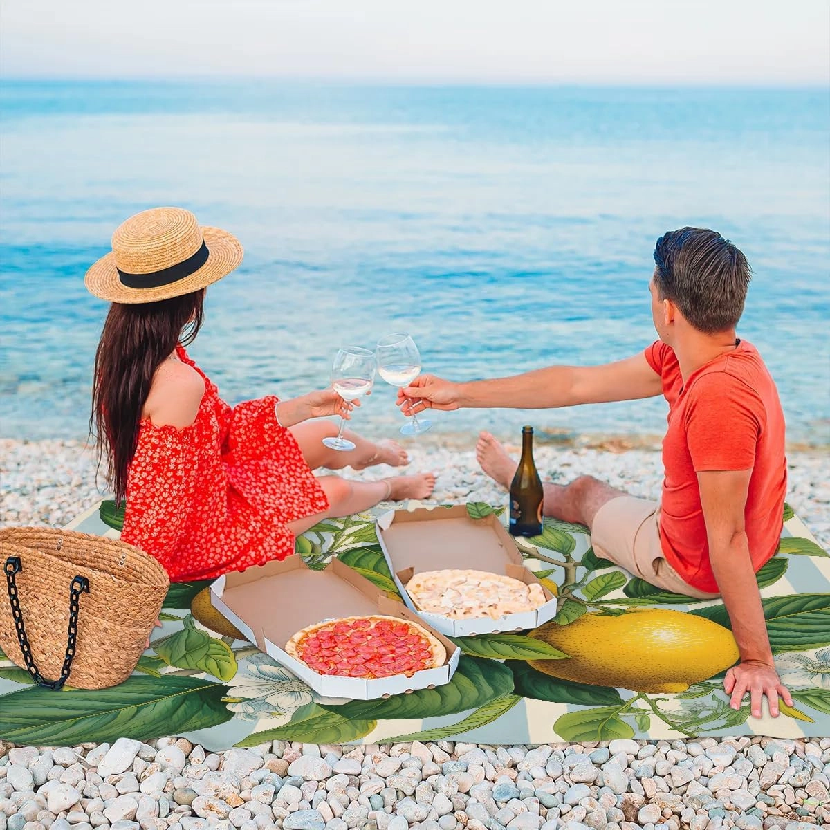 Fashion Lemon Beach Blanket, Sandproof Beach Mat, 68 x 59 Waterproof Quick Drying Sand Free Mat with 4 x Ground Spikes for Outdoor Travel Camping Hiking, Lemon Floral