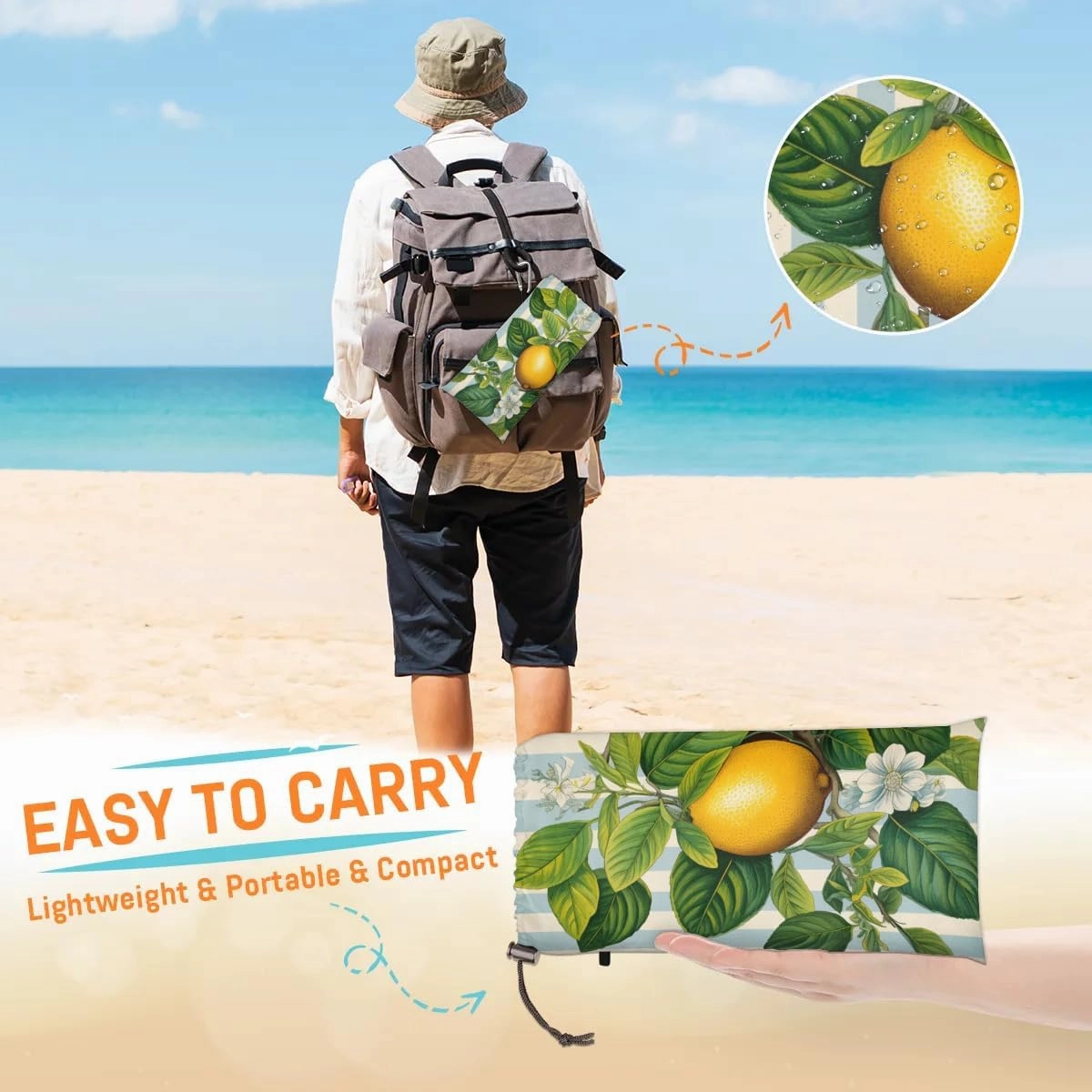 Fashion Lemon Beach Blanket, Sandproof Beach Mat, 68 x 59 Waterproof Quick Drying Sand Free Mat with 4 x Ground Spikes for Outdoor Travel Camping Hiking, Lemon Floral