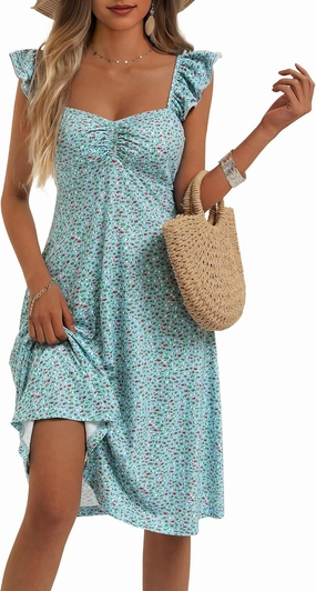 FENSACE Summer Cute Sweetheart Neckline Sundresses Ruffle Sleeve Floral Knee Length Dress