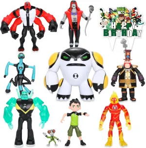 Figures Based on Ben Action Figures - 9PCS Toys Anime Character Figurines with Cake Toppers, Alien Hero Themed Party Decor Birthday Party Cake Decoration Supplies