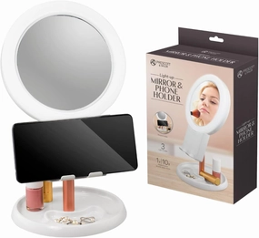 FineLife Vanity Mirror Makeup Mirror with Phone Holder, 1X/10X Magnification Double Sided Magnifying LED Mirror with 3 Light Modes, 6.25 Inch Portable Vanity Mirror with Lights for Makeup Desk