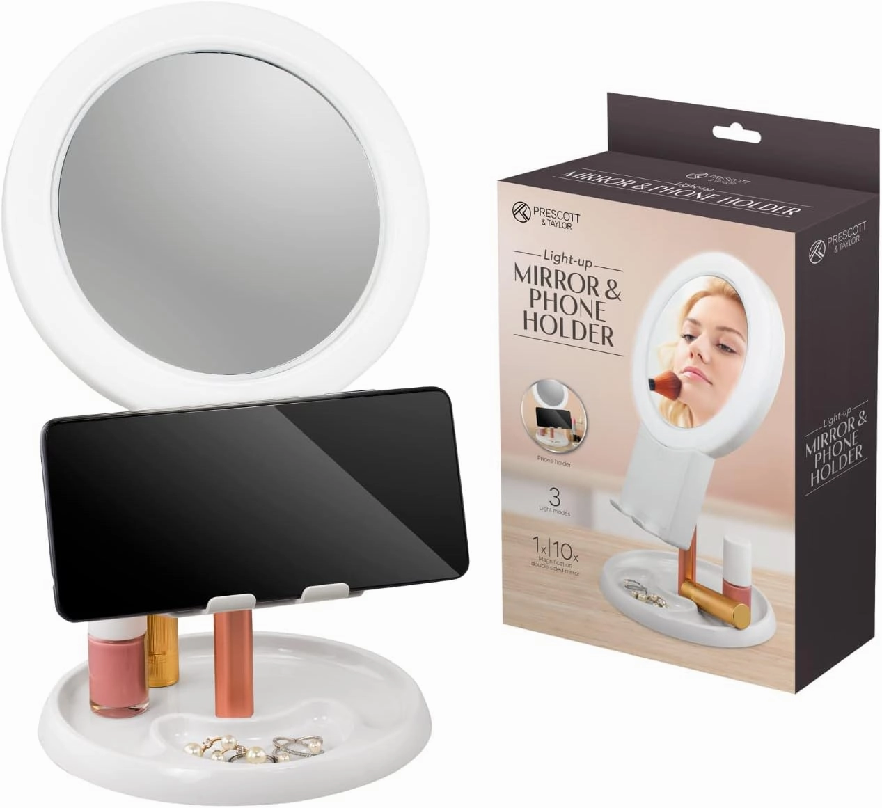 FineLife Vanity Mirror Makeup Mirror with Phone Holder, 1X/10X Magnification Double Sided Magnifying LED Mirror with 3 Light Modes, 6.25 Inch Portable Vanity Mirror with Lights for Makeup Desk