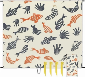Fish Beach Blanket, Sandproof Beach Mat, Adults Waterproof Quick Drying Sand Free Mat with 4 x Ground Spikes for Outdoor Travel Camping Hiking, Colorful Fish