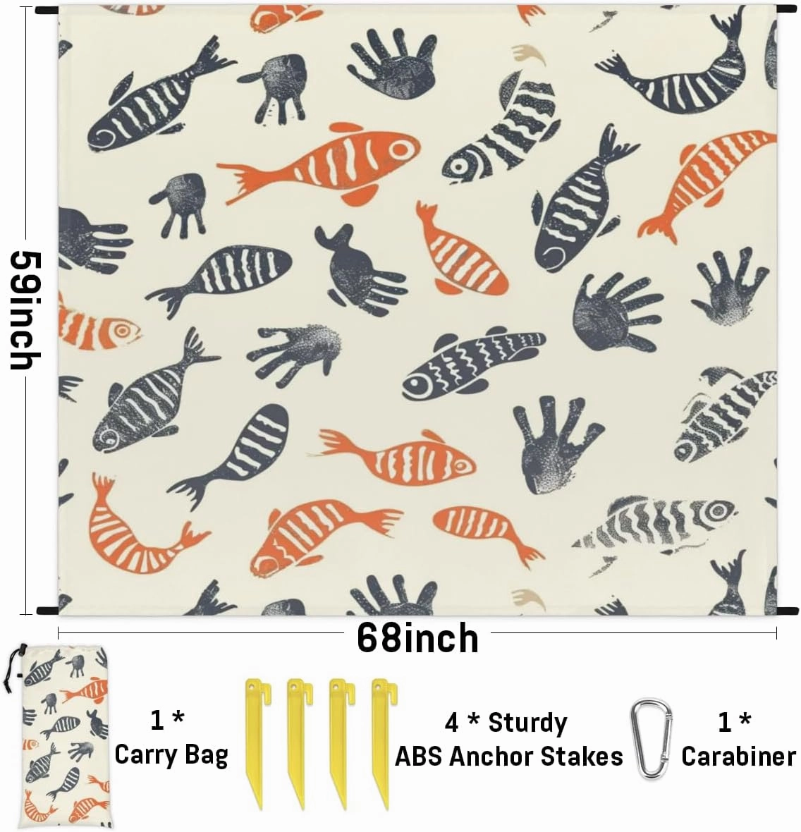 Fish Beach Blanket, Sandproof Beach Mat, Adults Waterproof Quick Drying Sand Free Mat with 4 x Ground Spikes for Outdoor Travel Camping Hiking, Colorful Fish