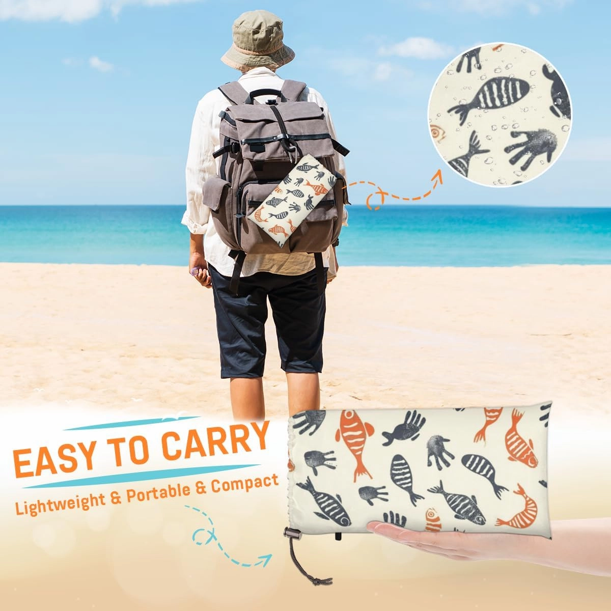 Fish Beach Blanket, Sandproof Beach Mat, Adults Waterproof Quick Drying Sand Free Mat with 4 x Ground Spikes for Outdoor Travel Camping Hiking, Colorful Fish