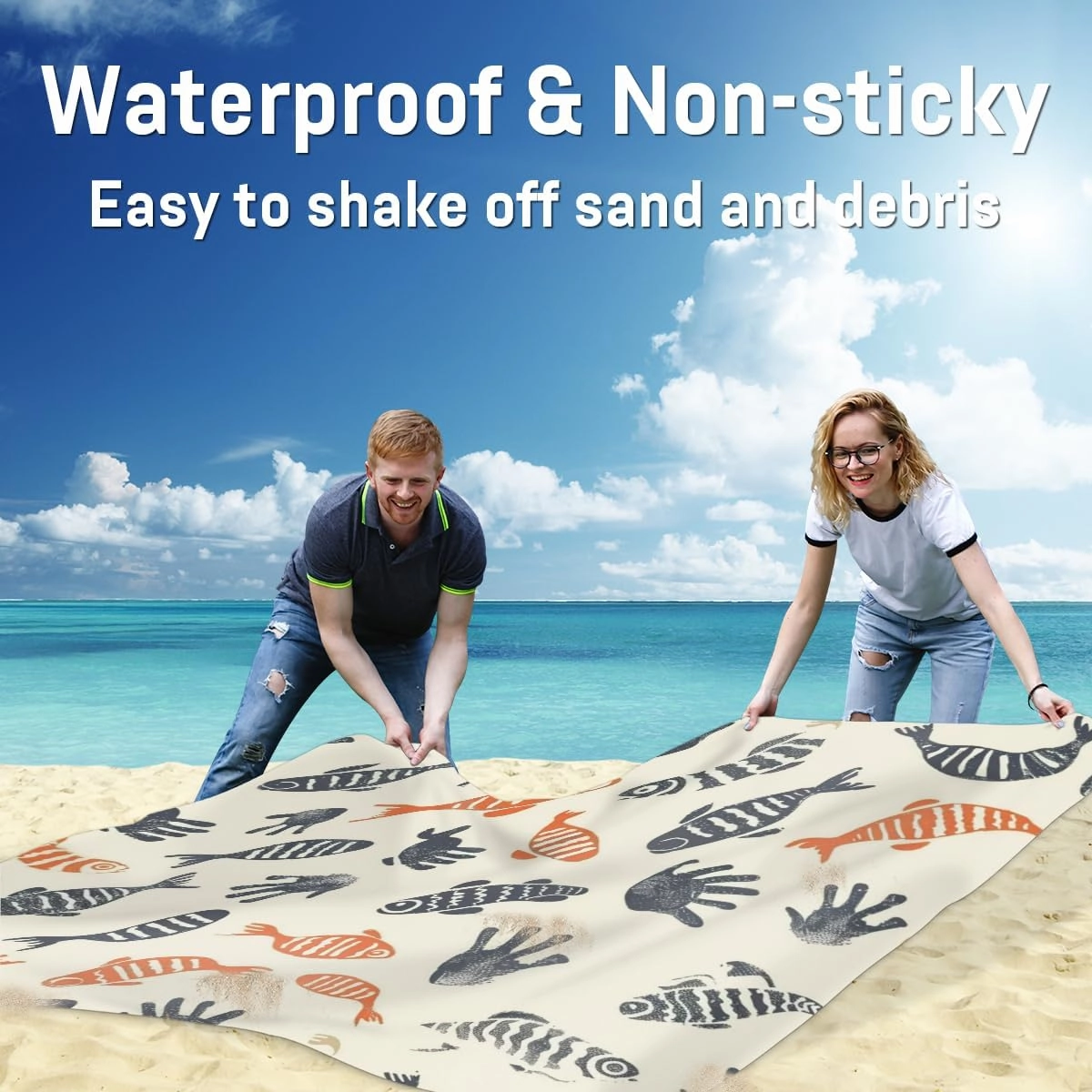 Fish Beach Blanket, Sandproof Beach Mat, Adults Waterproof Quick Drying Sand Free Mat with 4 x Ground Spikes for Outdoor Travel Camping Hiking, Colorful Fish
