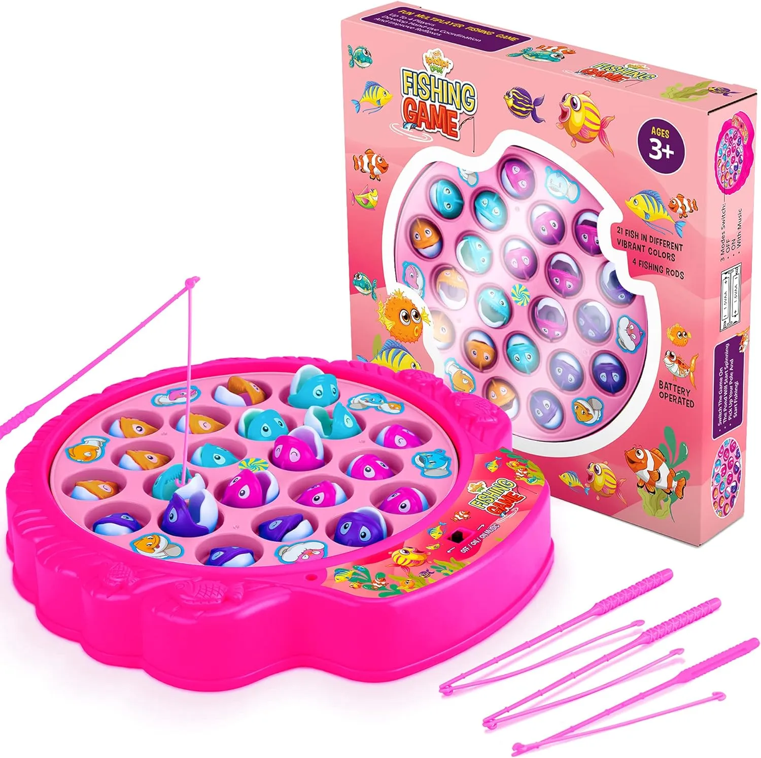 Fishing Game Play Set - 21 Fish, 4 Poles, & Rotating Board w/On-Off Music - Family Children Backyard Pink Toy Games for Kids and Toddlers Age 3 4 5 6 7 Girls and Up