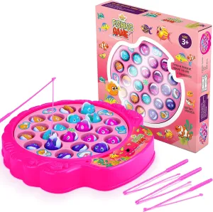 Fishing Game Play Set - 21 Fish, 4 Poles, & Rotating Board w/On-Off Music - Family Children Backyard Pink Toy Games for Kids and Toddlers Age 3 4 5 6 7 Girls and Up