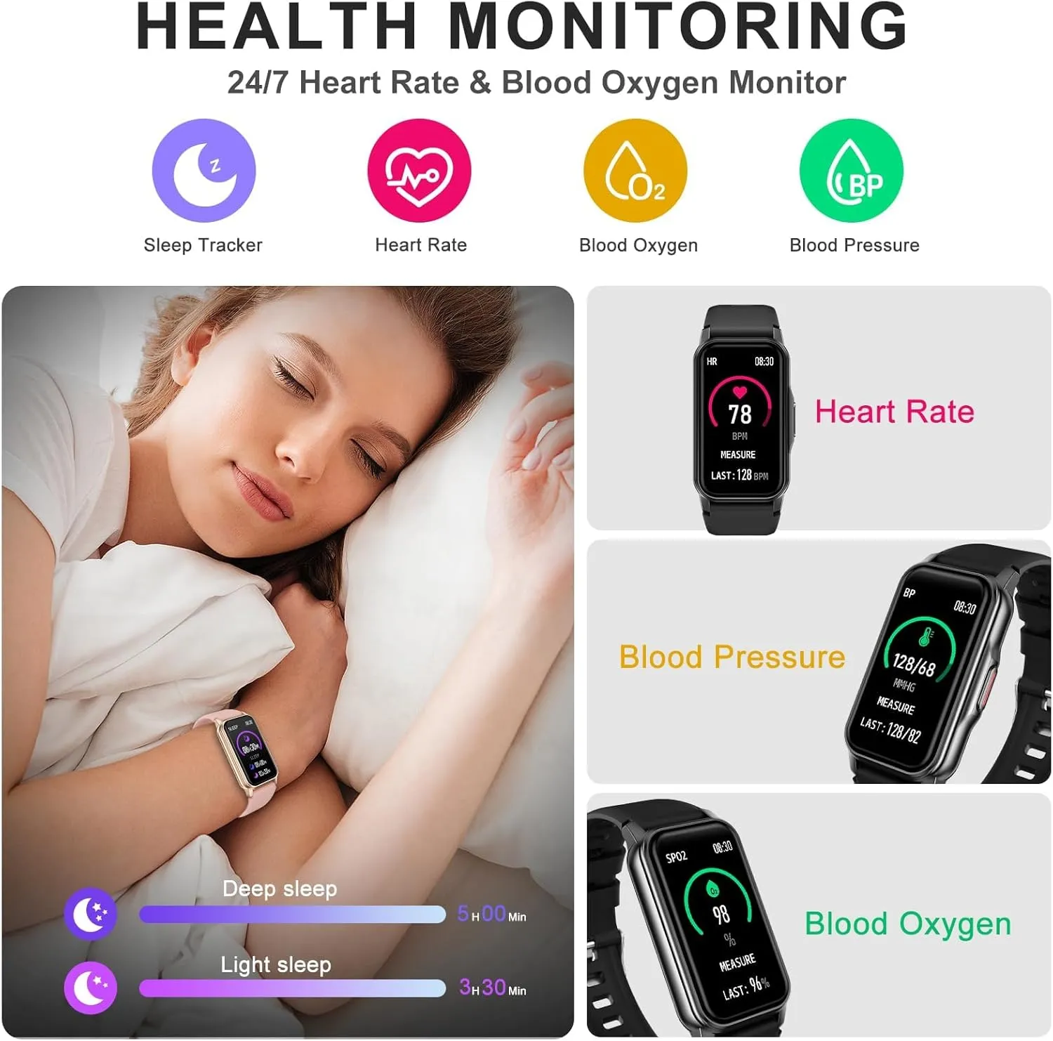 Fitness Tracker, Step Tracker with 24/7 Heart Rate, Sleep, Blood Oxygen Blood Pressure Watch, 120  Sports Modes, Calorie Counter Pedometer for Women Men