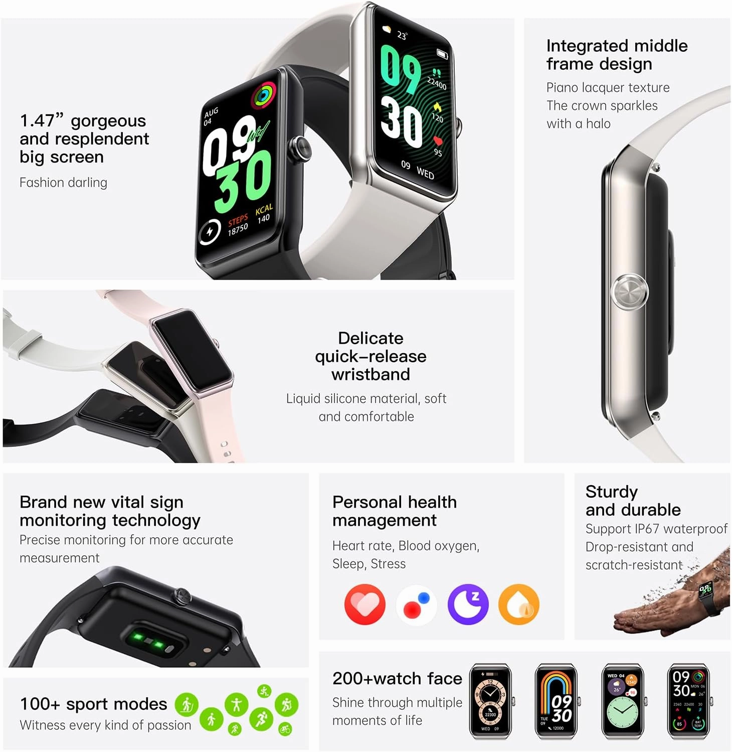 Fitness Tracker 1.47’’ Full Touchscreen Activity Tracker with Heart Rate Blood Oxygen Blood Pressure Sleep Monitor Step Calorie Counter Pedometer Smartwatches for Android and iOS Women Men (black)