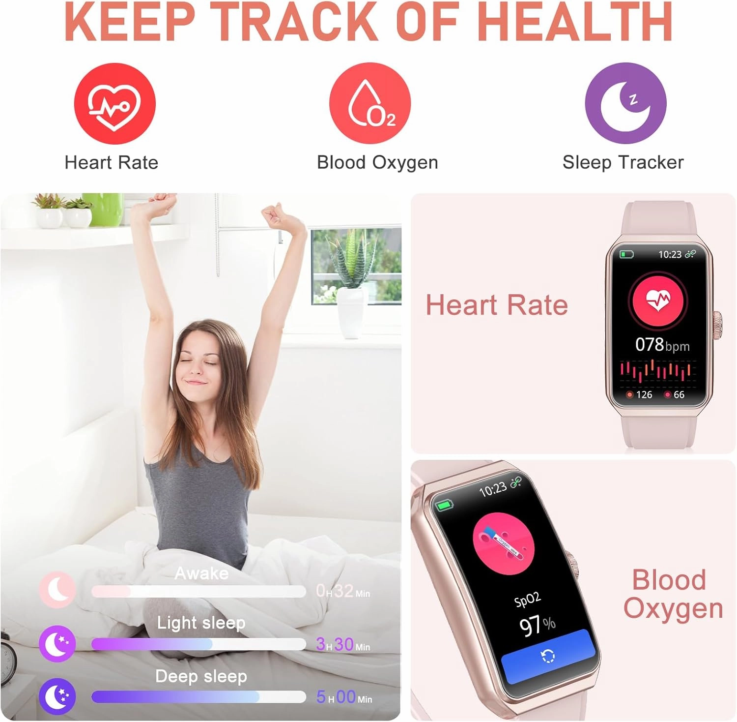 Fitness Tracker with 24/7 Heart Rate, Blood Oxygen, Sleep Tracker, Waterproof Fitness Watch, Activity Tracker with Step Tracker for Women Men