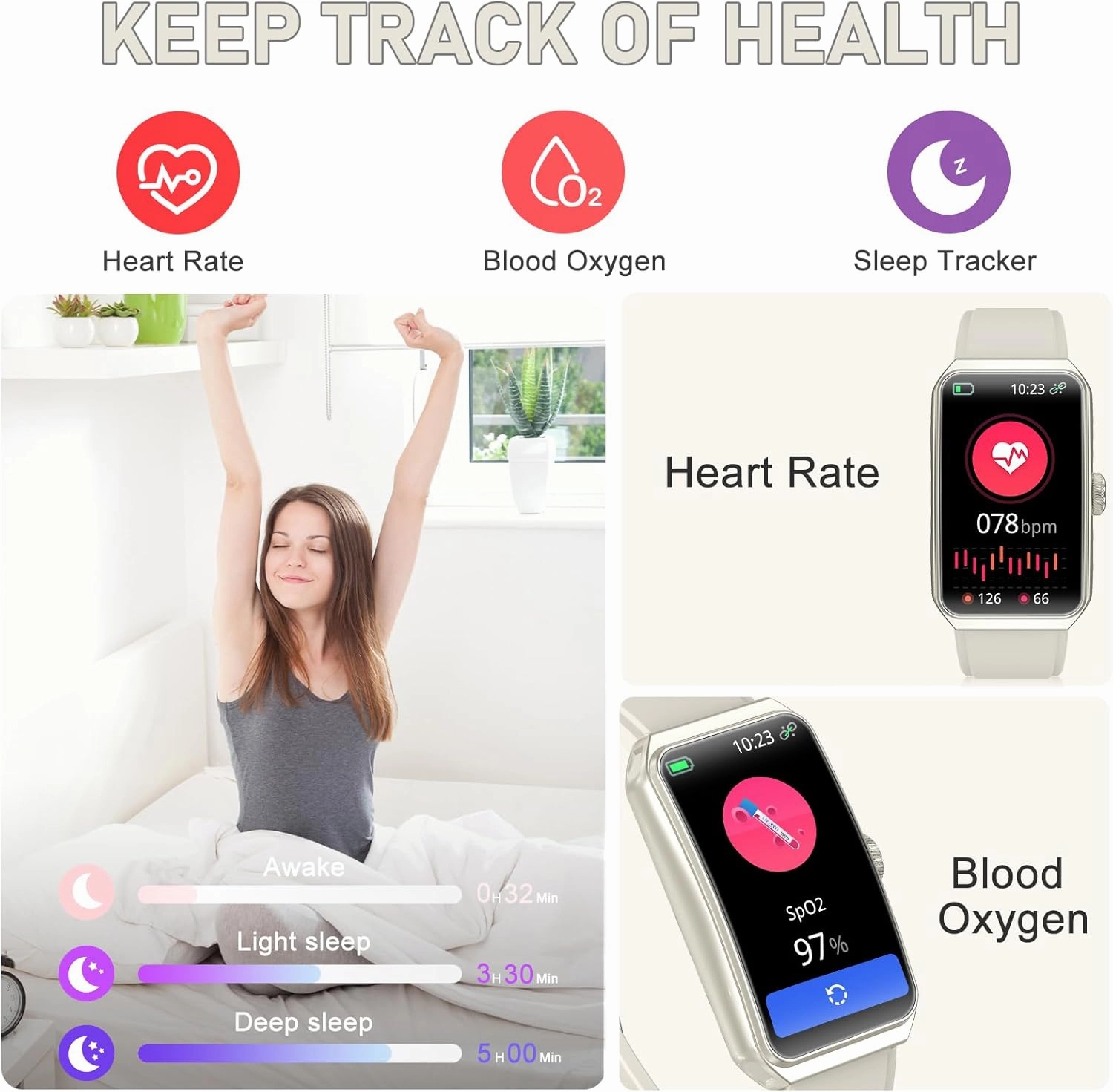 Fitness Tracker with 24/7 Heart Rate, Blood Oxygen, Sleep Tracker, Waterproof Fitness Watch, Activity Tracker with Step Tracker for Women Men