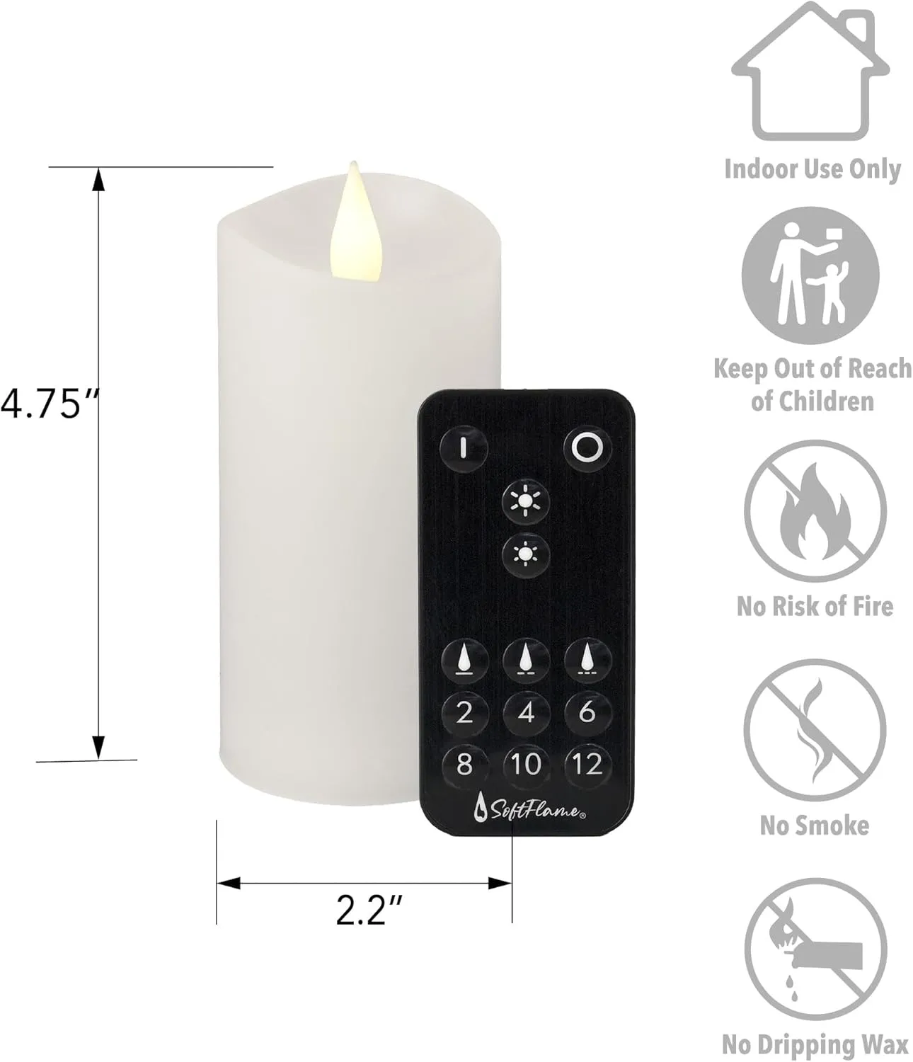 Flameless Candle Set- 2.25"x 4.2"White Set of 2 - Flickering Moving Flame Pillar Candle, Includes Remote Control - Real Wax - 2 x AA Battery Operated - Not Included
