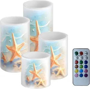 Flameless Candles Battery Powered LED Pillar Candle Tealights with Remote Timer Color Changing Control for Indoor Outdoor Coastal Home Decor Set of 4, Beach Starfish Blue