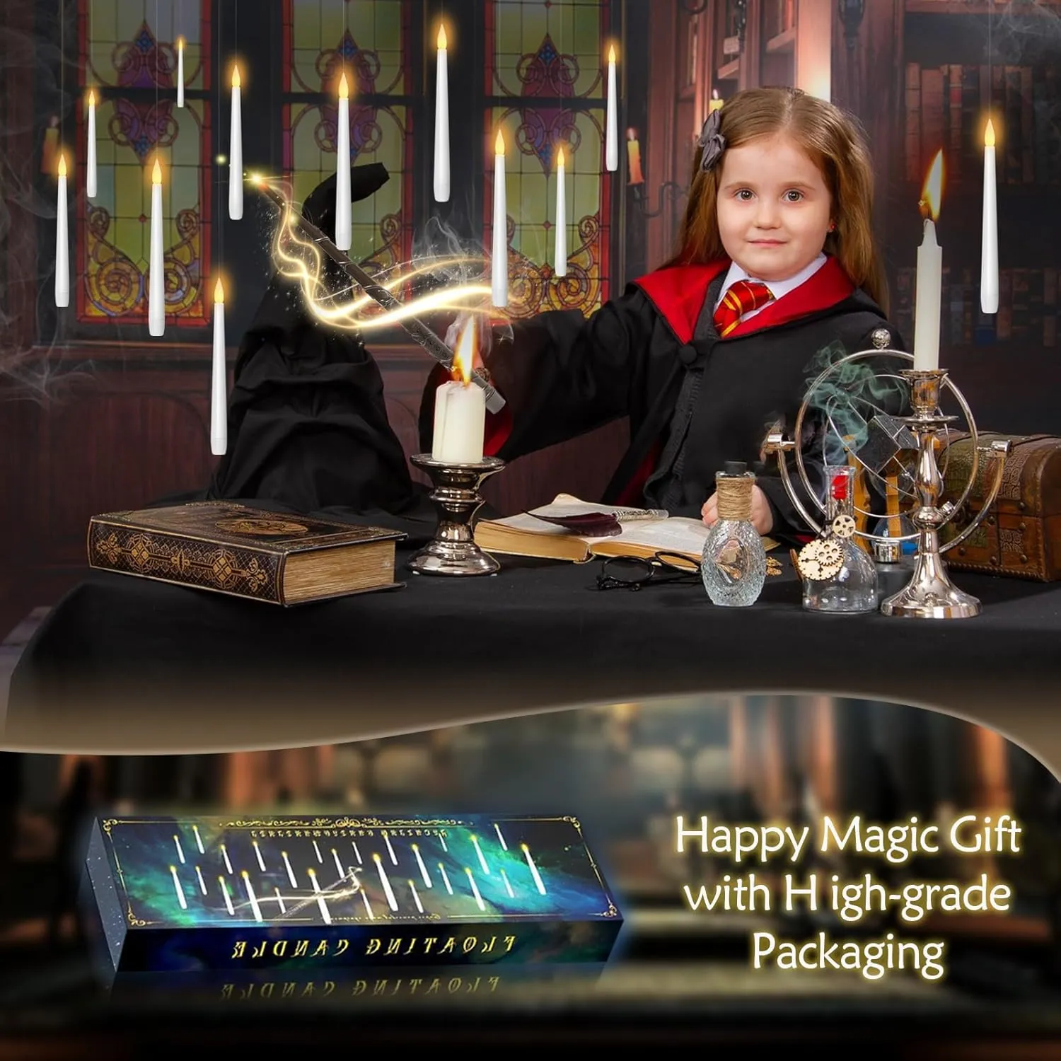 Flameless Floating Candles with Wand，12 Pcs Magic LED Hanging Taper Candles，Flickering Battery Operated Taper Candle with Wand Remote for Halloween Decorations Best Gift（White）