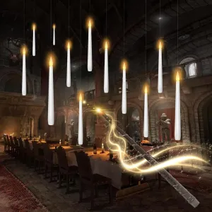 Flameless Floating Candles with Wand，12 Pcs Magic LED Hanging Taper Candles，Flickering Battery Operated Taper Candle with Wand Remote for Halloween Decorations Best Gift（White）
