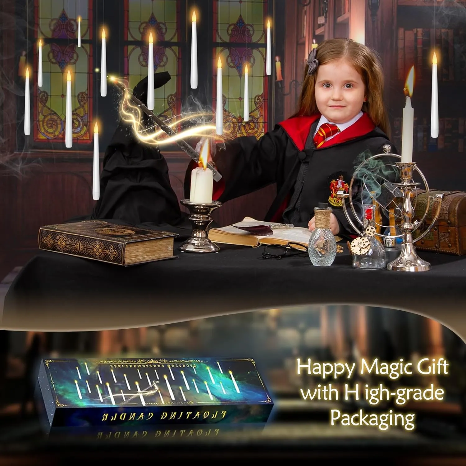 Flameless Floating Candles with Wand，20 Pcs Magic LED Hanging Taper Candles，Flickering Battery Operated Taper Candle with Wand Remote for Halloween Decorations Best Gift（White）