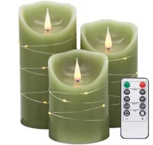 Flameless LED Candles, Realistic Flickering Flame, Set of Multiple (Green, Set of 3 (4",5",6"))