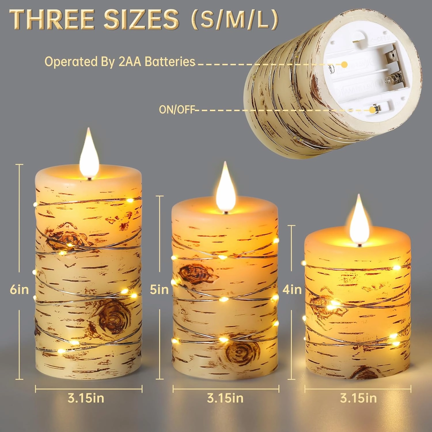 Flameless Candle LED Candles Hand Painted Birch Bark Effect Recessed Light String Candle Set of 3(H4,5",6") Ivory Real Wax Pillar Battery Operated Candles with Dancing LED Flame 10-Key Remote Control