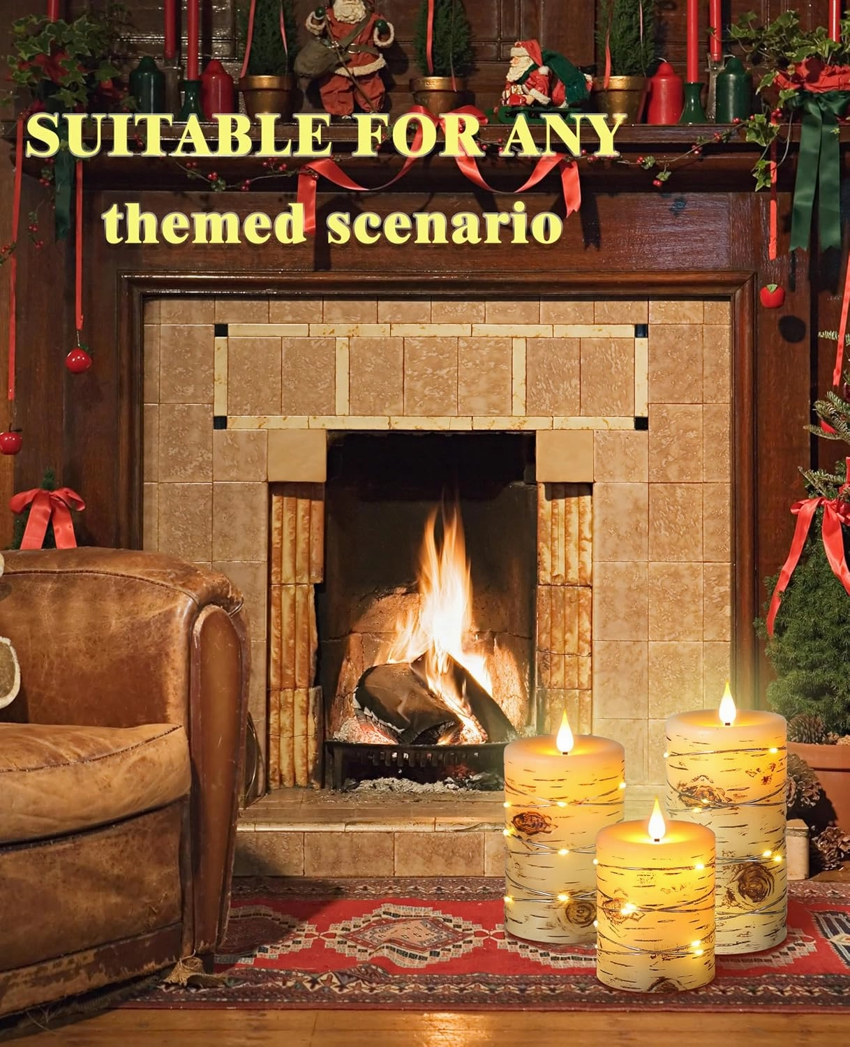 Flameless Candle LED Candles Hand Painted Birch Bark Effect Recessed Light String Candle Set of 3(H4,5",6") Ivory Real Wax Pillar Battery Operated Candles with Dancing LED Flame 10-Key Remote Control