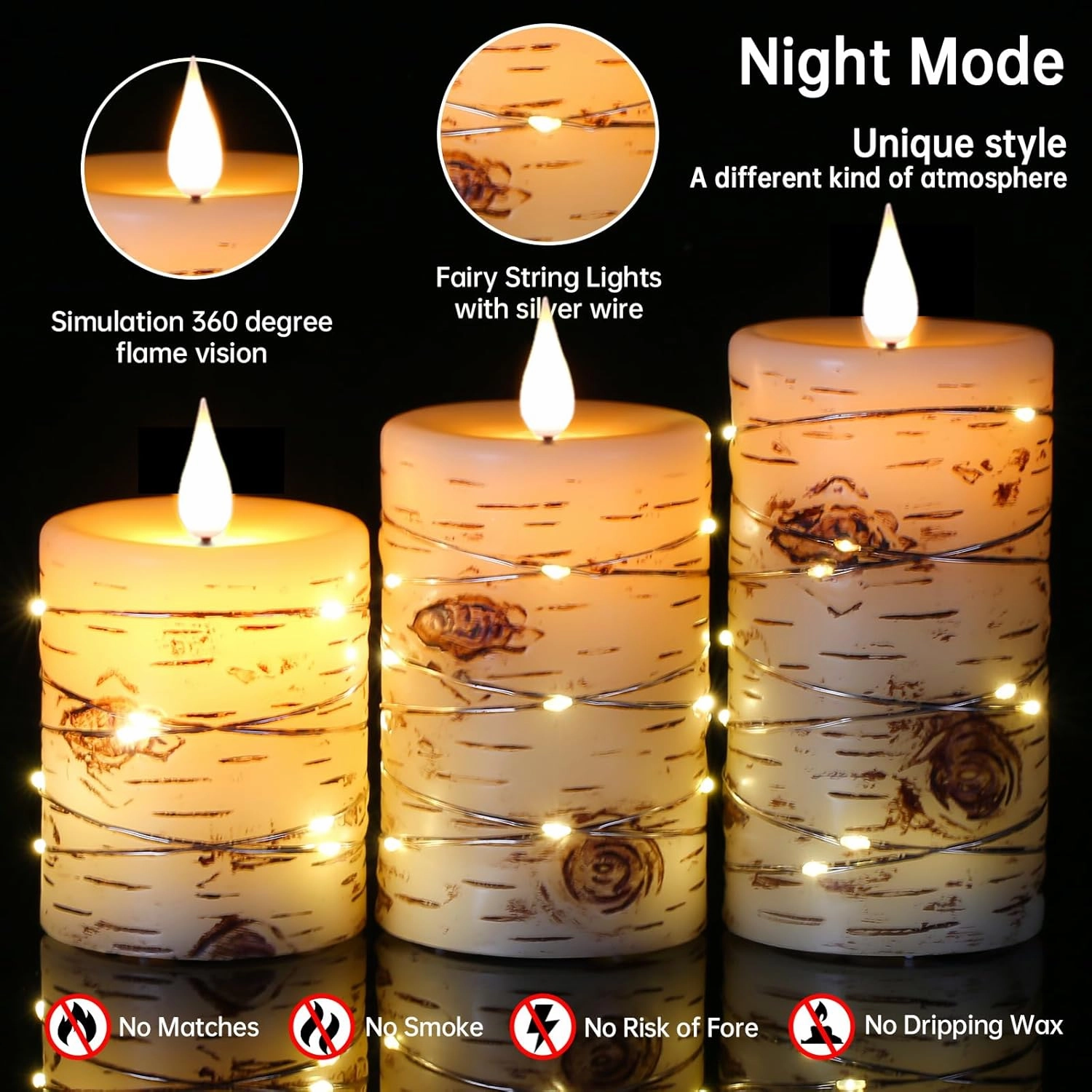 Flameless Candle LED Candles Hand Painted Birch Bark Effect Recessed Light String Candle Set of 3(H4,5",6") Ivory Real Wax Pillar Battery Operated Candles with Dancing LED Flame 10-Key Remote Control
