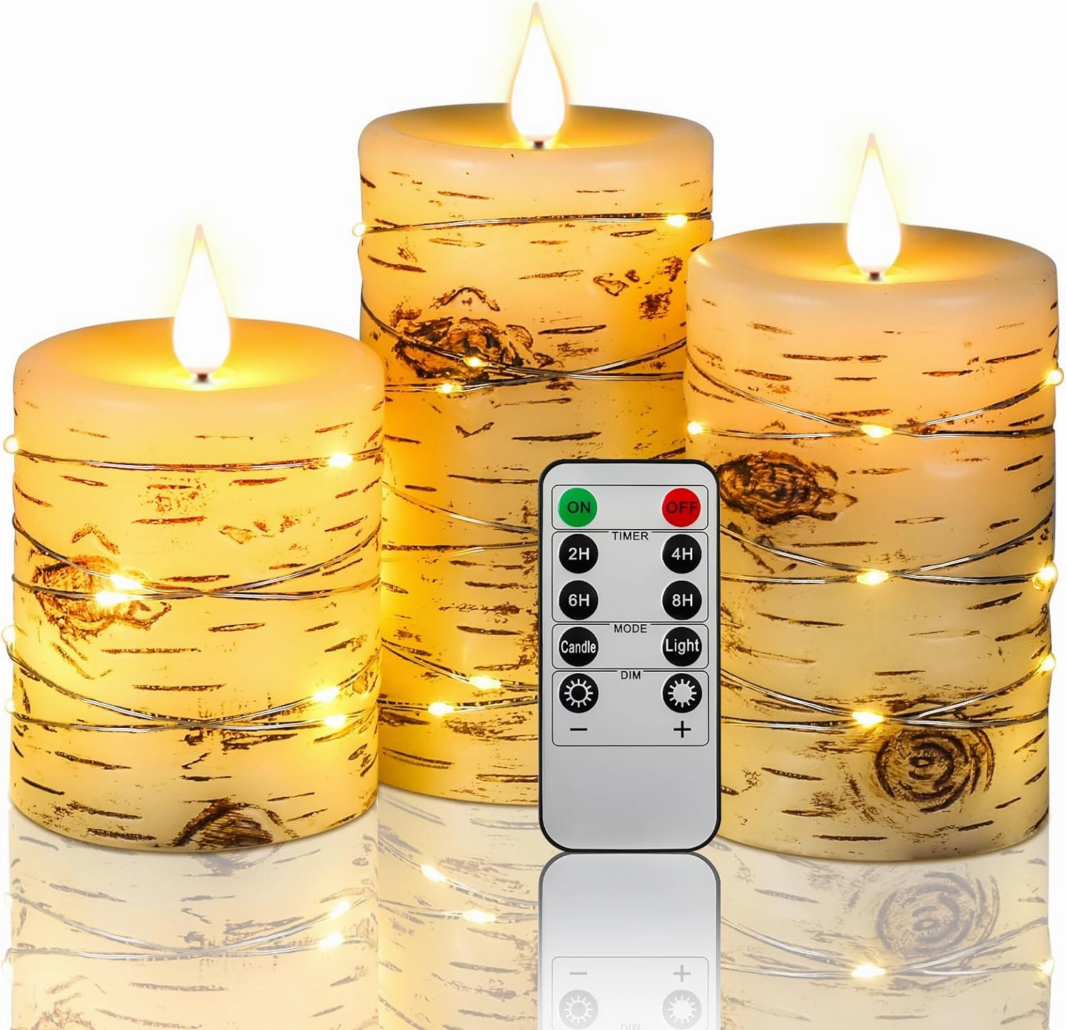 Flameless Candle LED Candles Hand Painted Birch Bark Effect Recessed Light String Candle Set of 3(H4,5",6") Ivory Real Wax Pillar Battery Operated Candles with Dancing LED Flame 10-Key Remote Control