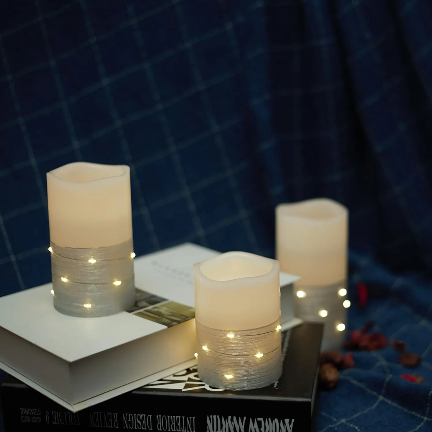 Flickering Flameless Candles Ivory Real Wax Pillar with Embedded String Lights LED Candles Battery Operated with 10 Key Remote and Cycling 5H Timer Set of 3 (3" x 4"/5"/6") (Silver)