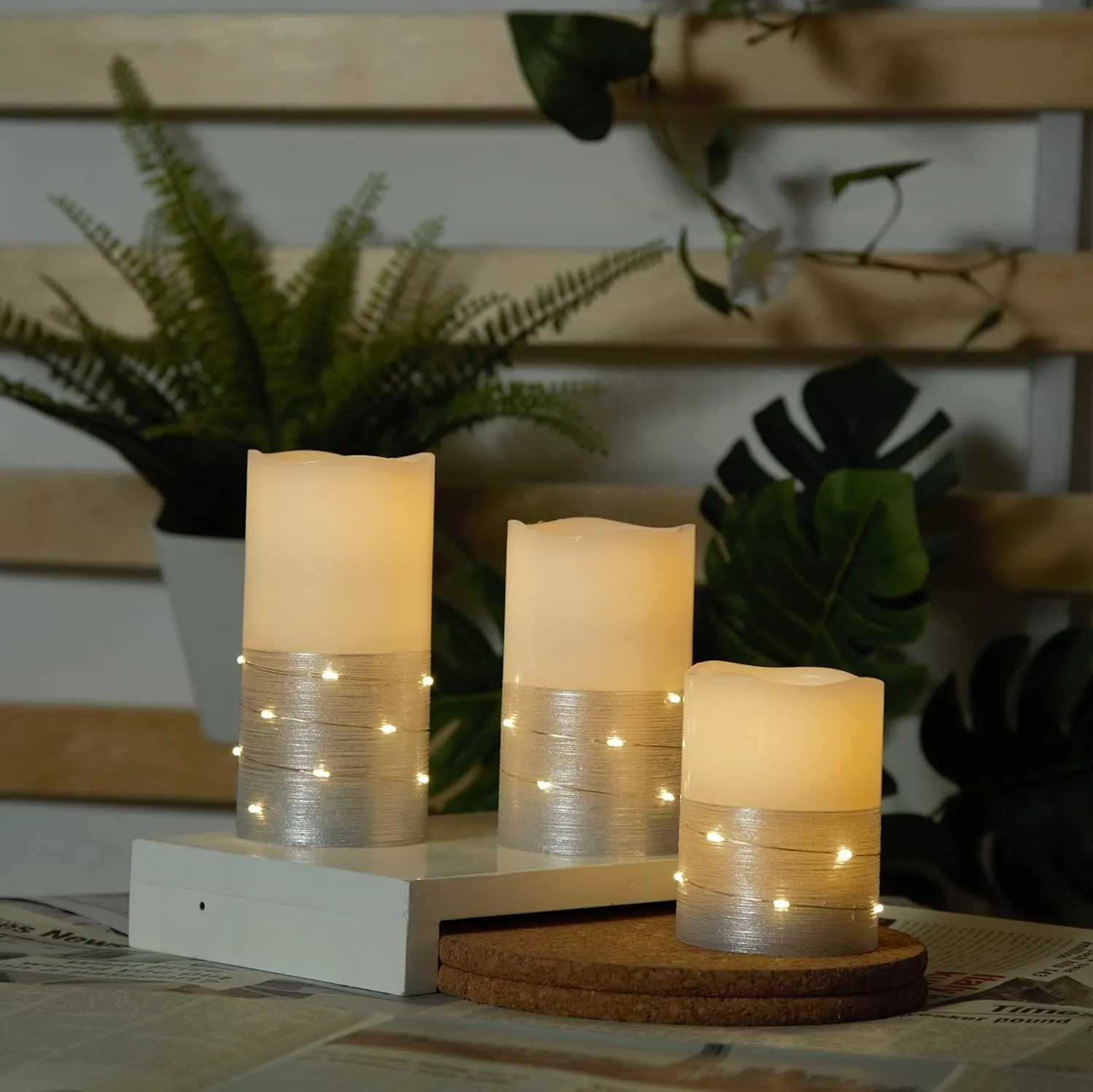 Flickering Flameless Candles Ivory Real Wax Pillar with Embedded String Lights LED Candles Battery Operated with 10 Key Remote and Cycling 5H Timer Set of 3 (3" x 4"/5"/6") (Silver)