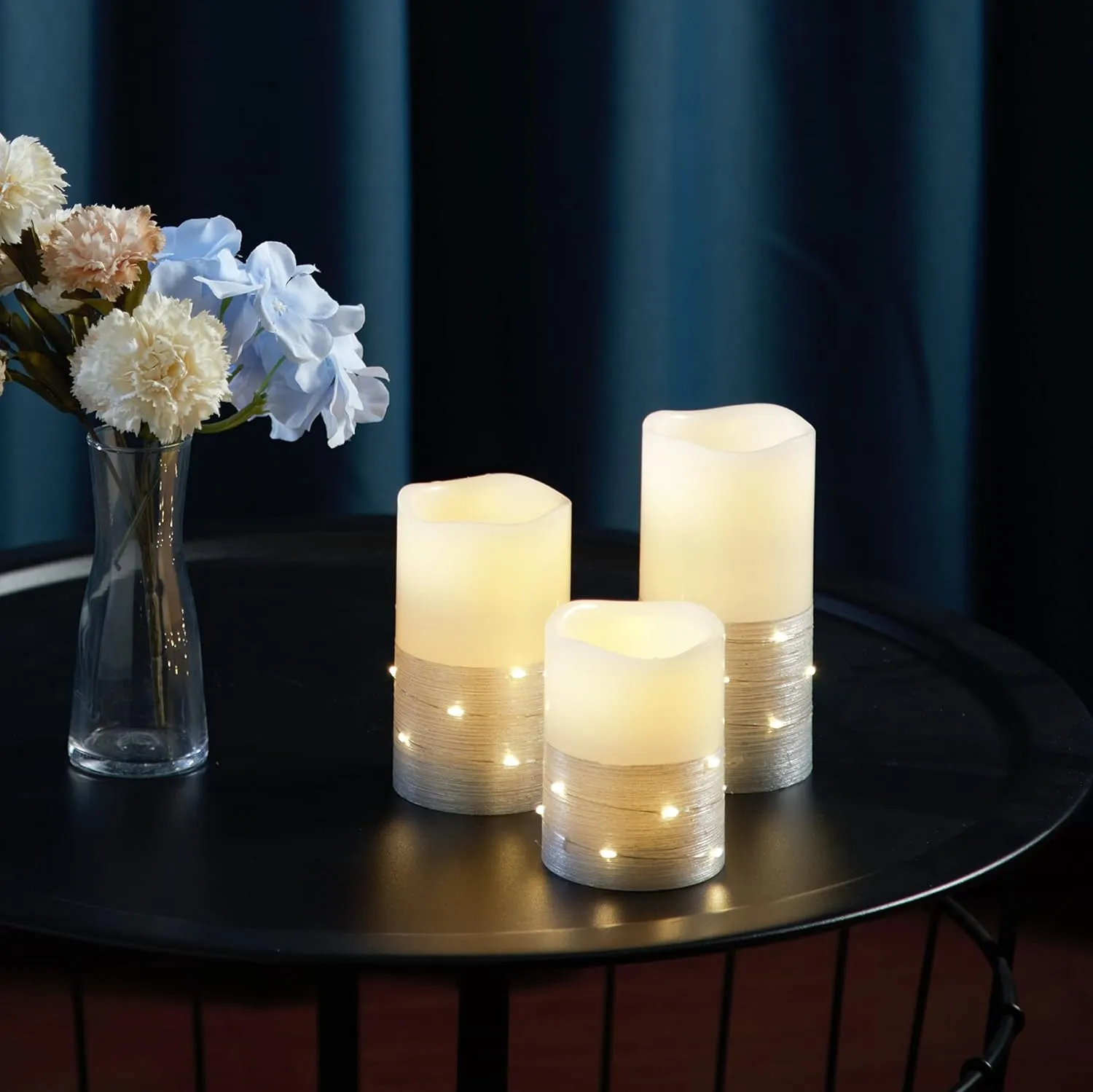 Flickering Flameless Candles Ivory Real Wax Pillar with Embedded String Lights LED Candles Battery Operated with 10 Key Remote and Cycling 5H Timer Set of 3 (3" x 4"/5"/6") (Silver)
