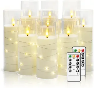 Flickering Flameless LED Candles, 9 Pcs with Embedded Star String, Acrylic LED Pillar Candles with Remote, Suitable for Home Decoration (White)