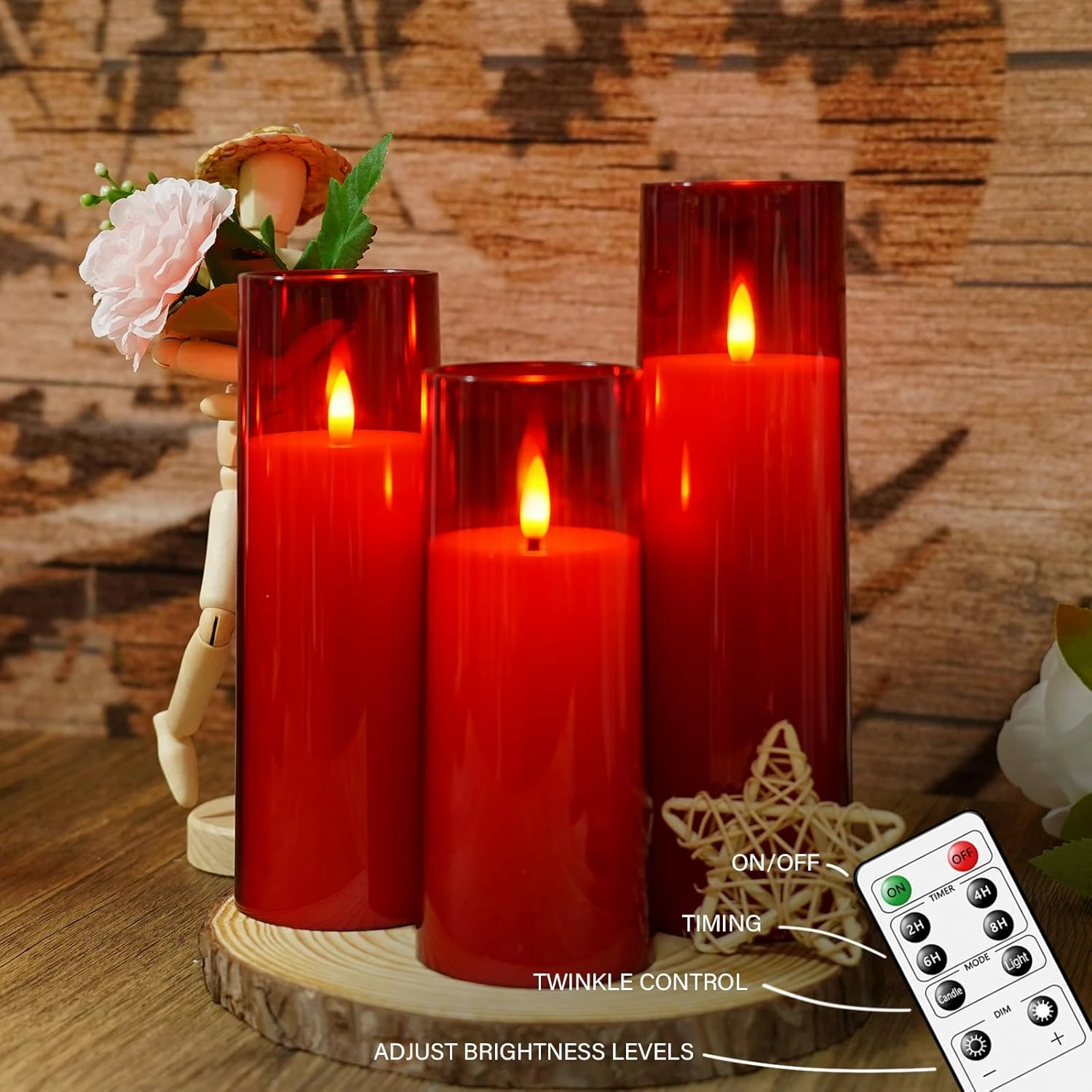 Flickering Flameless Candles Battery Operated with Remote and 2/4/6/8 H Timer Plexiglass Led Pillar Candles Pack of 9 (D2.3 xH 5" 6" 7") with Realistic Moving Wick Candles for Home Decor(Red)