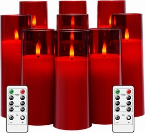Flickering Flameless Candles Battery Operated with Remote and 2/4/6/8 H Timer Plexiglass Led Pillar Candles Pack of 9 (D2.3 xH 5" 6" 7") with Realistic Moving Wick Candles for Home Decor(Red)