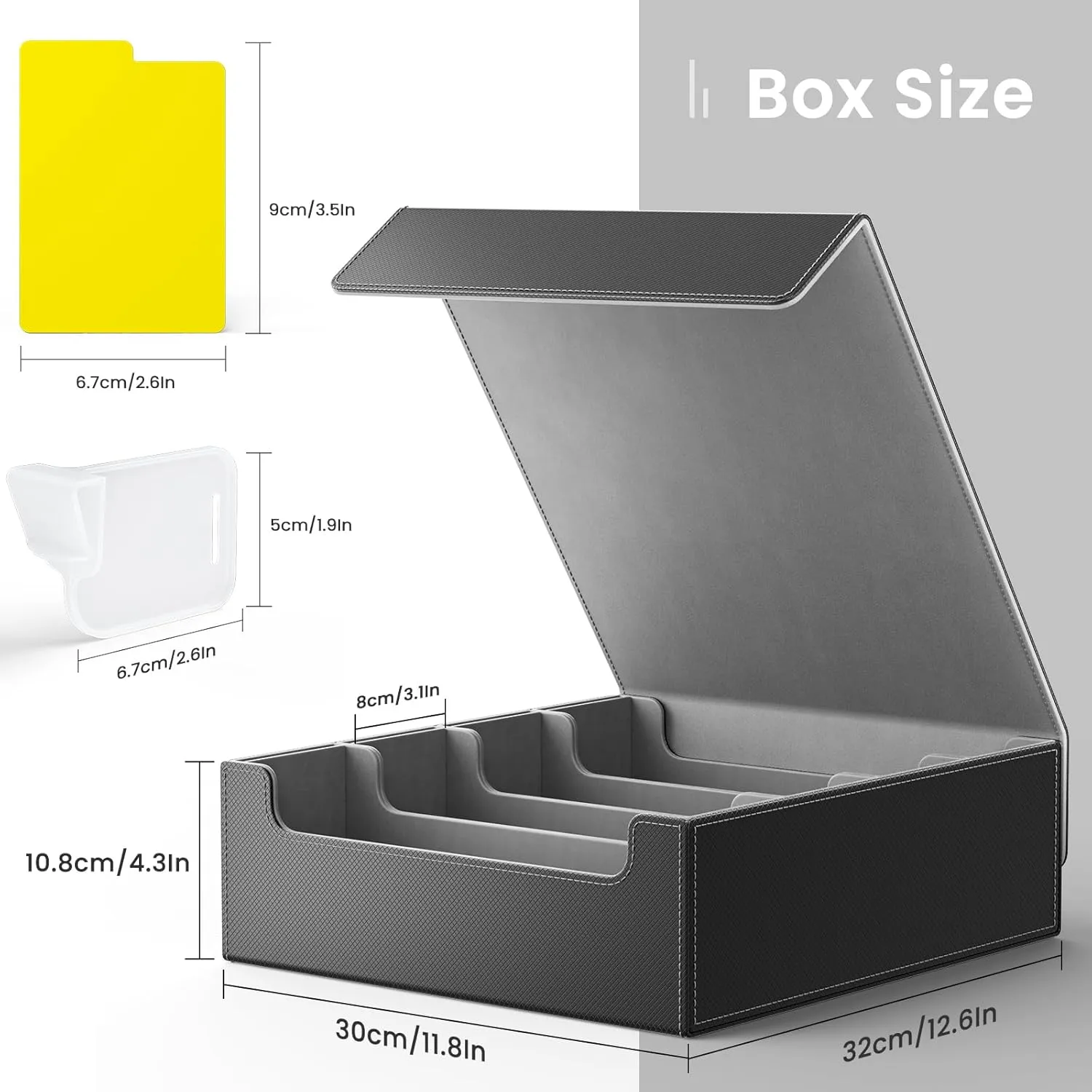 Flooyes Card Storage Box with 4 Card Supports, 3200  MTG Deck Box with 24 Colorful Dividers, Commander Trading Card Storage Box with Viewing Windows, Gray
