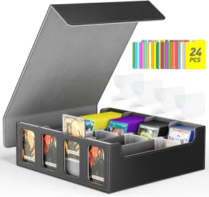 Flooyes Card Storage Box with 4 Card Supports, 3200  MTG Deck Box with 24 Colorful Dividers, Commander Trading Card Storage Box with Viewing Windows, Gray