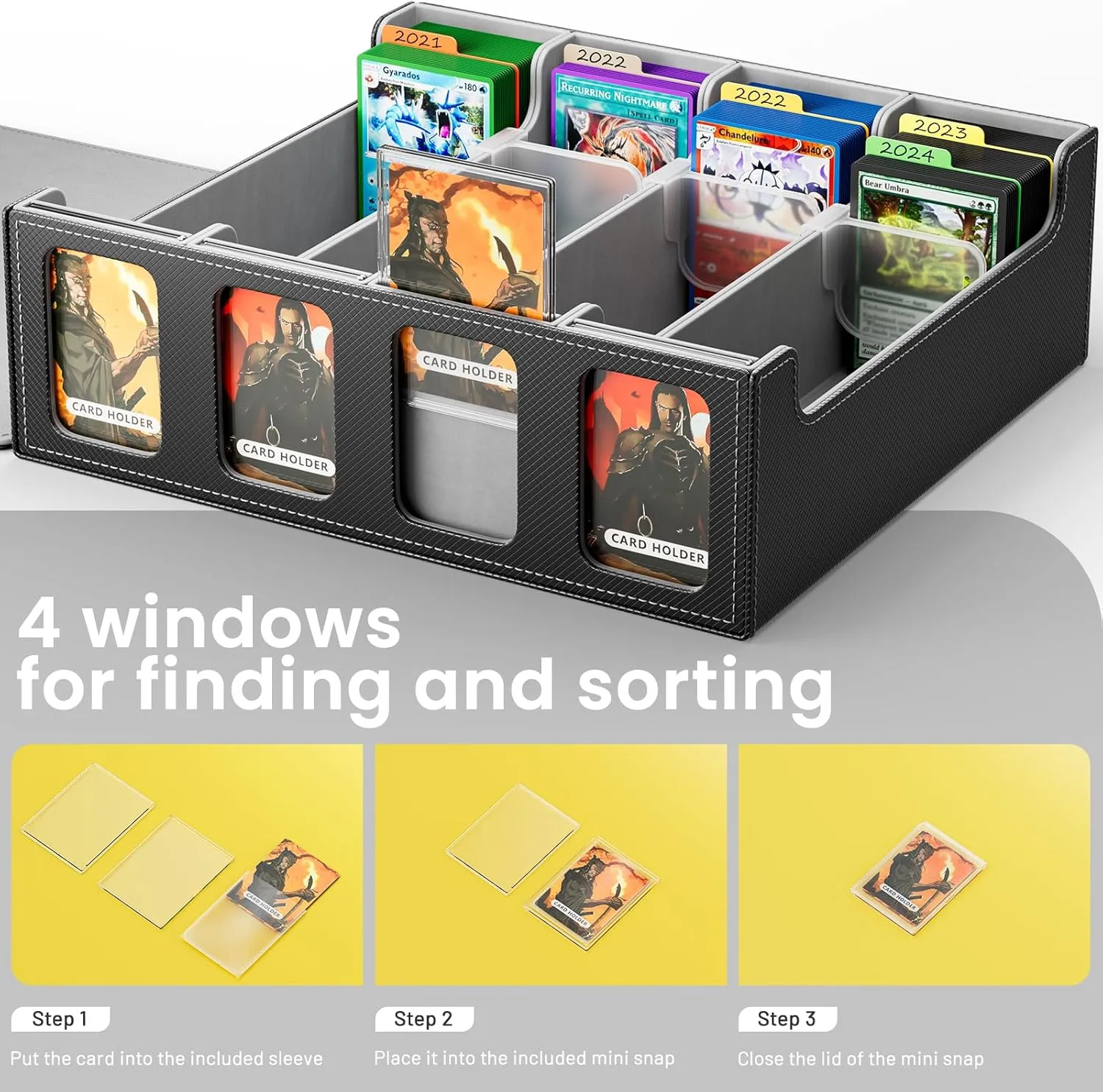 Flooyes Card Storage Box with 4 Card Supports, 3200  MTG Deck Box with 24 Colorful Dividers, Commander Trading Card Storage Box with Viewing Windows, Gray