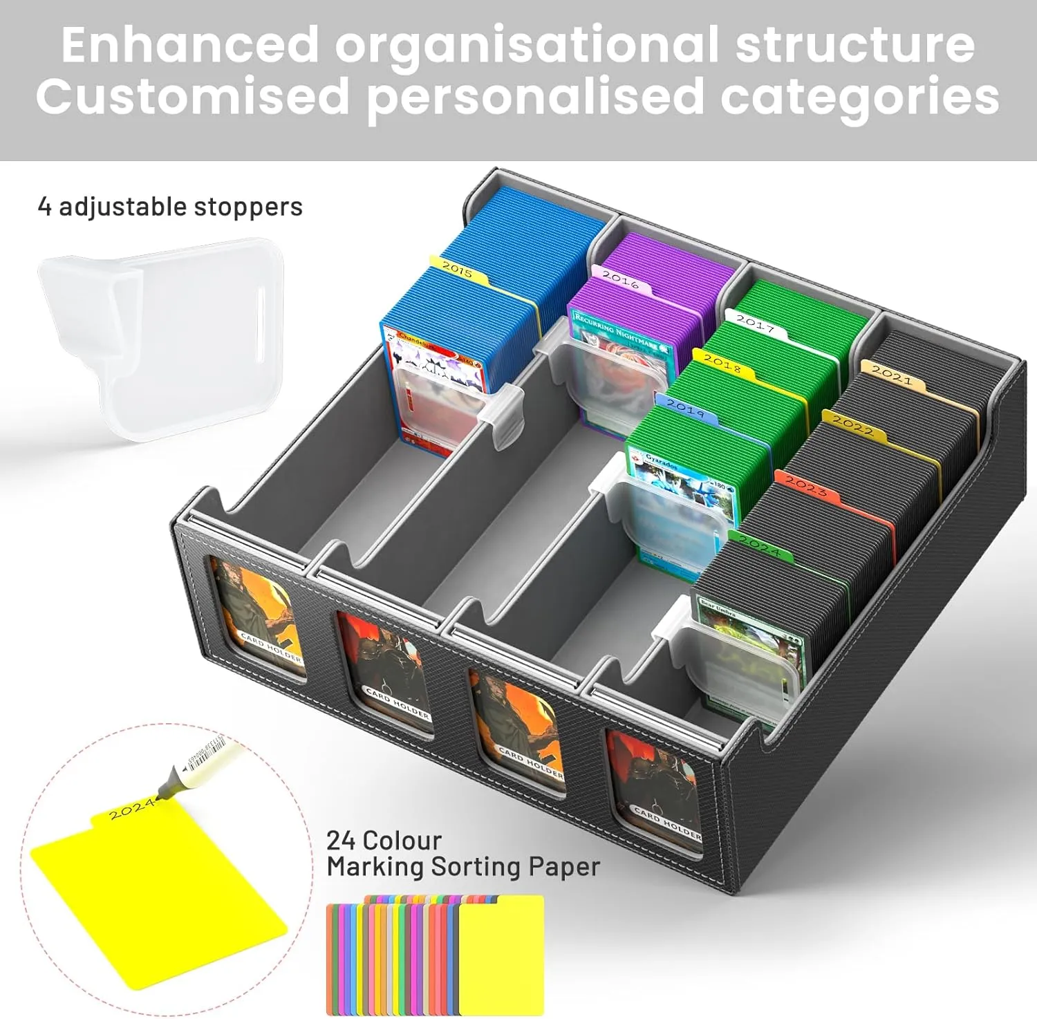 Flooyes Card Storage Box with 4 Card Supports, 3200  MTG Deck Box with 24 Colorful Dividers, Commander Trading Card Storage Box with Viewing Windows, Gray