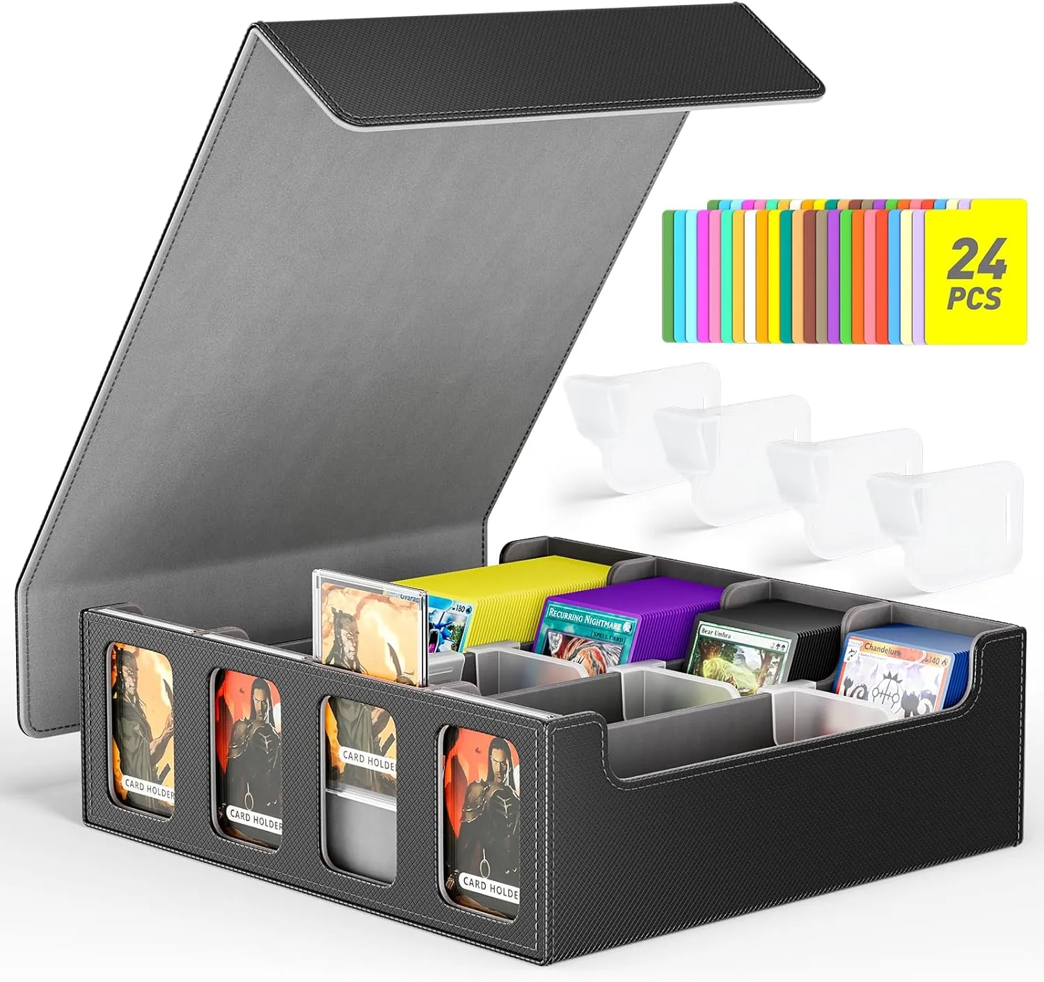 Flooyes Card Storage Box with 4 Card Supports, 3200  MTG Deck Box with 24 Colorful Dividers, Commander Trading Card Storage Box with Viewing Windows, Gray
