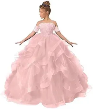 Flower Girl Dresses for Wedding Beaded Applique Princess Kids Pageant Dress Tulle Long Party Ball Gown