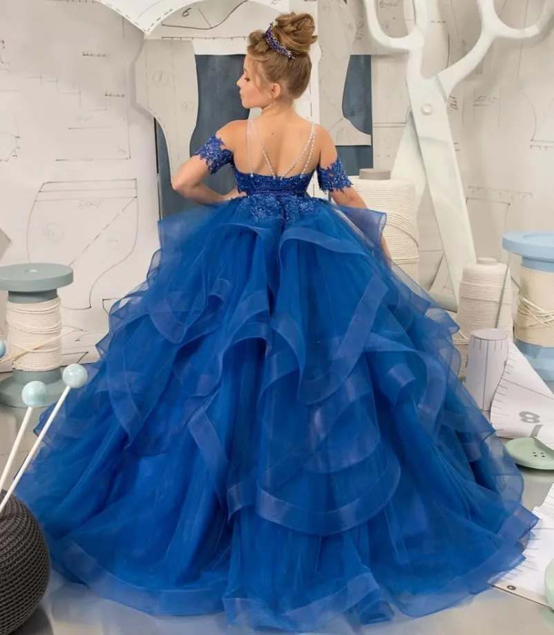 Flower Girl Dresses for Wedding Beaded Applique Princess Kids Pageant Dress Tulle Long Party Ball Gown