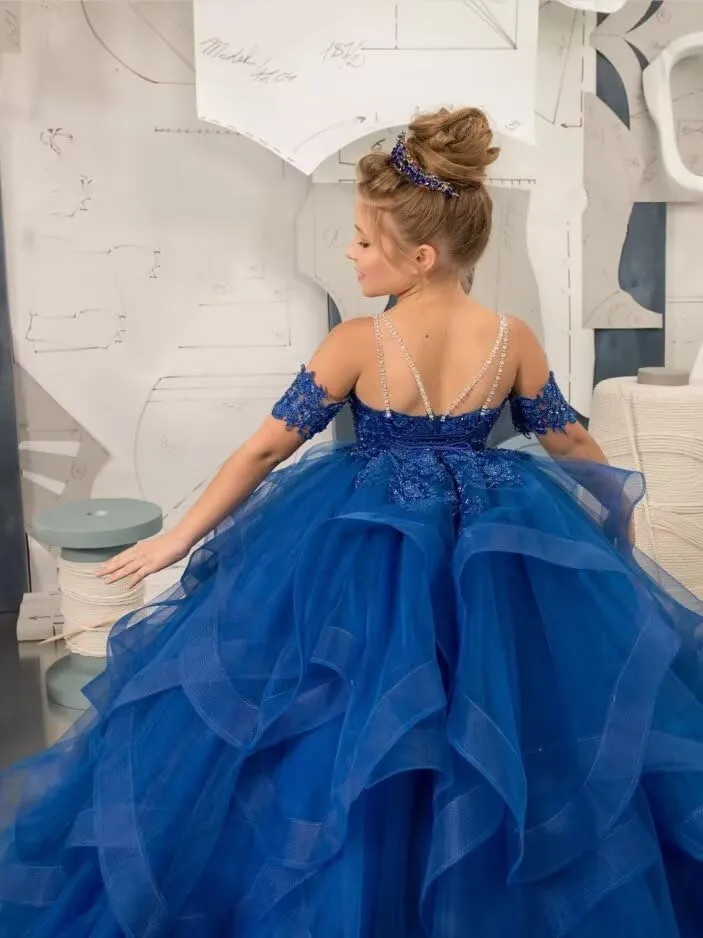 Flower Girl Dresses for Wedding Beaded Applique Princess Kids Pageant Dress Tulle Long Party Ball Gown