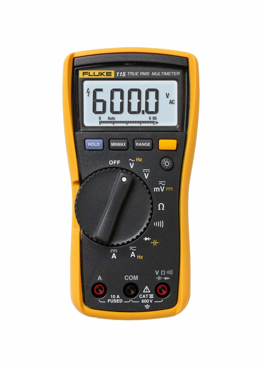 Fluke 115 Digital Multimeter, Measures AC/DC Voltage To 600 V & Current to 10 A, Measures Resistance, Continuity, Frequency & Capacitance, Includes Battery, Holster & 4mm PVC-Insulated Test Lead