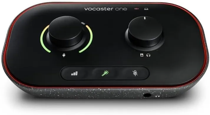 Focusrite Vocaster One — Podcasting Interface for Recording as a Solo Creator. Use Auto Gain, Enhance, and Mute for Easy Podcasting. Small, Lightweight, and Powered by Computer