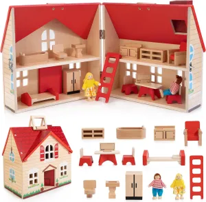 Foldable Wooden Dollhouse with 13pcs Furniture, 4 Rooms and 2 Flexible Dolls, Pretend Play House Set with Portable Handle, Christmas Birthday Gift for Boys Girls Kids Age 3 