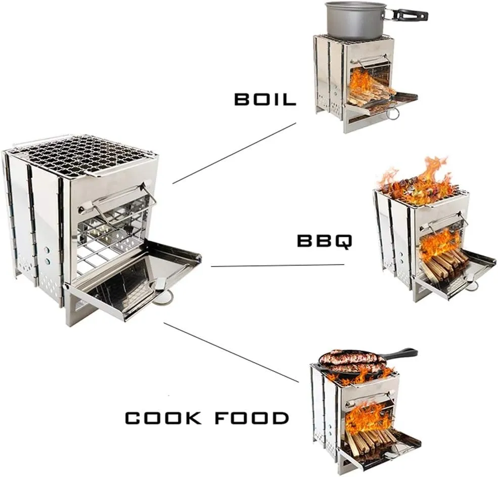 Folding Camping Stove, Outdoor Portable Oven, Mini Barbecue Stove, Wood Stove, Stainless Steel Backpack Stove, for Outdoor, Hiking, Camping Kitchen,L