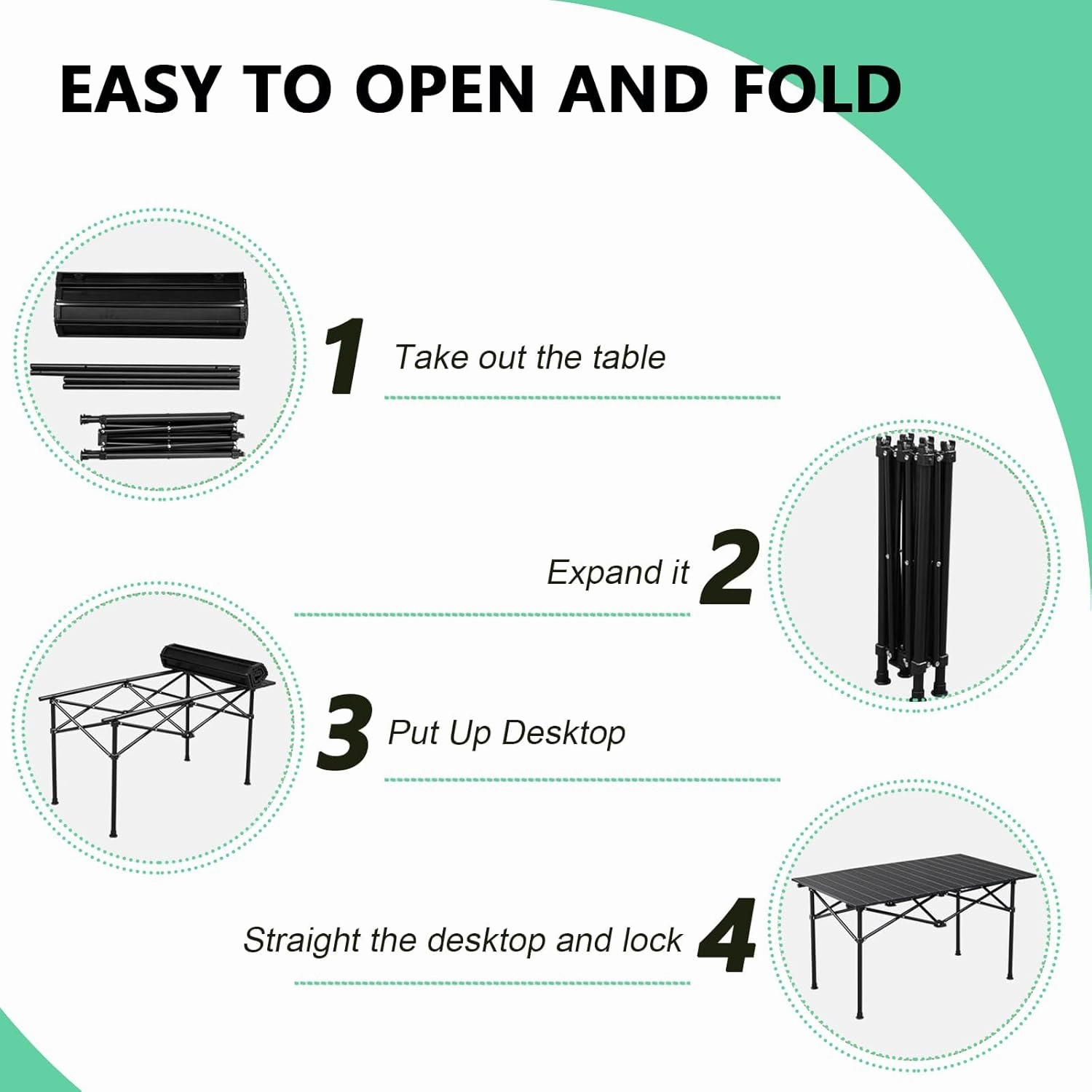 Folding Camping Table, Portable Picnic Table with Carry Bag, Lightweight Aluminum Roll-Up Design for Camping, Backpacking, Beach, BBQ, and Outdoor Parties Black 50×53×50cm/19.7×20.9×19.7in