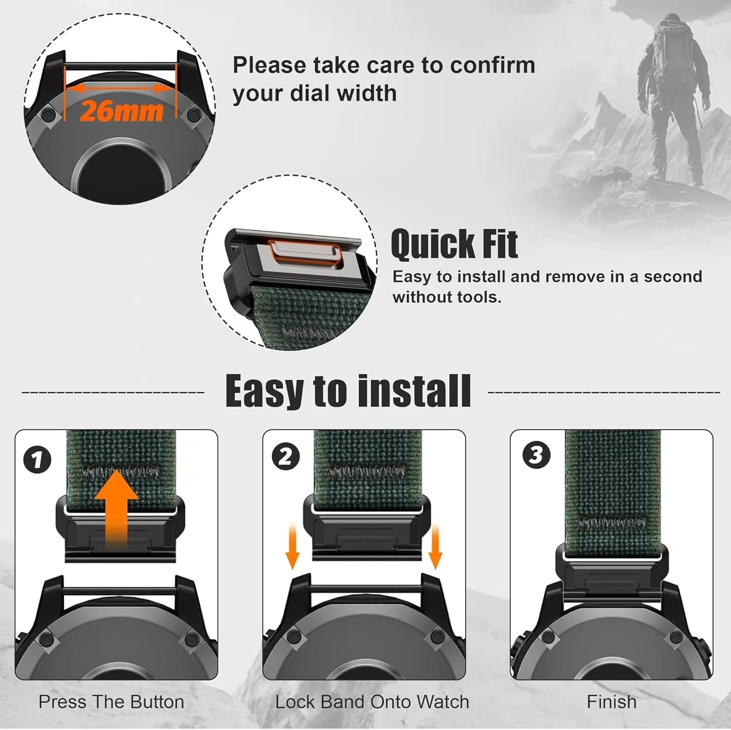 For Garmin Fenix 7X/6X/5X Band, 26mm Easy Fit Nylon Straps for Garmin Fenix 3/5X Plus/6X Pro/Tactix Delta/Enduro 2 Bands