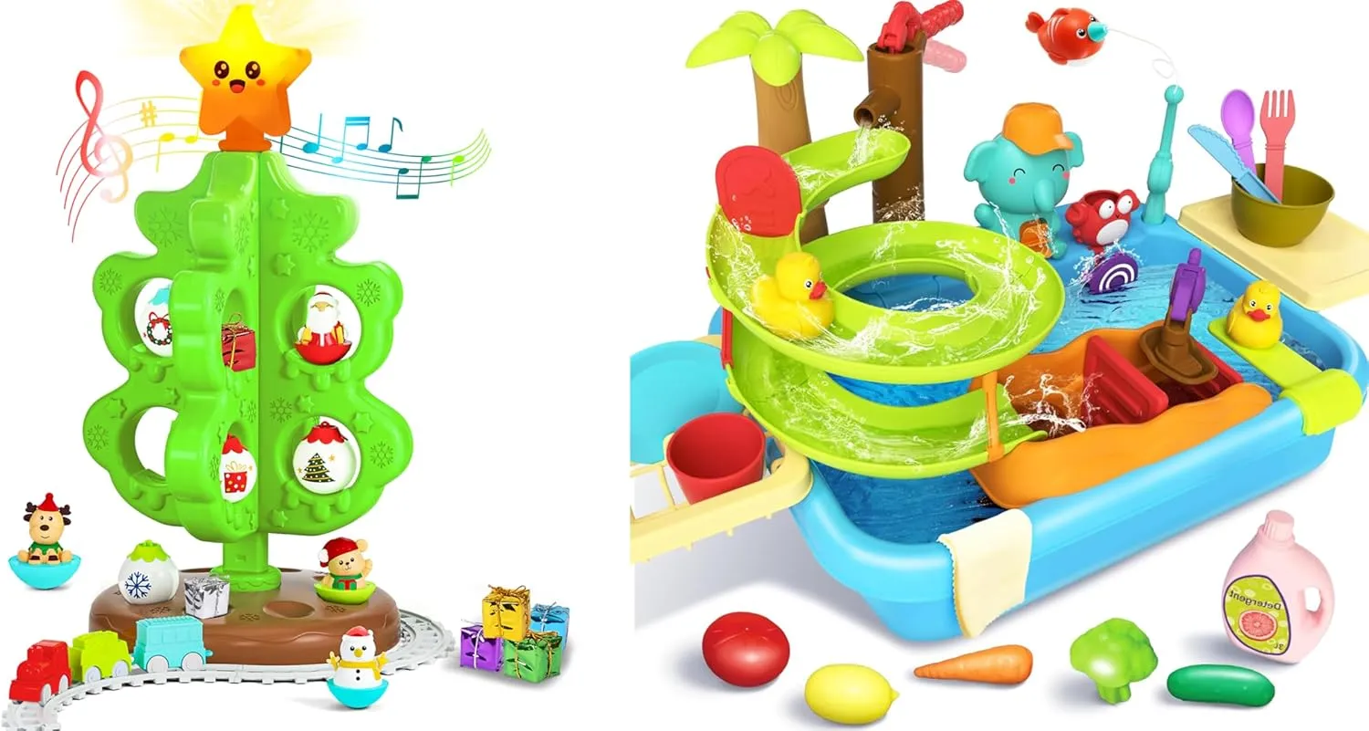 for Kids and Toddlers, Light Up My First Christmas Tree with Mini Train Set and 4 in 1 Kitchen Sink Toy