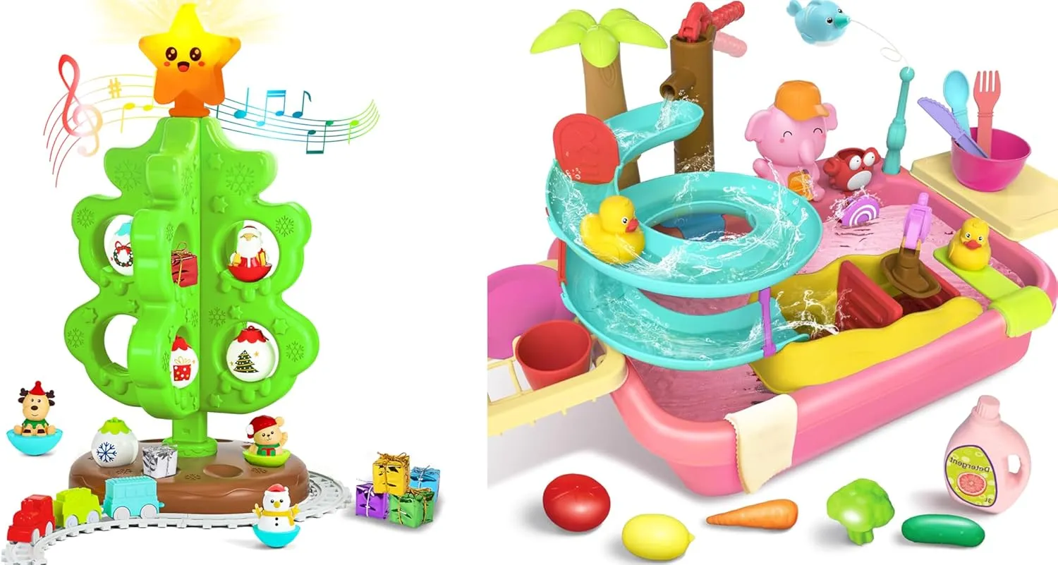 for Kids and Toddlers, Light Up My First Christmas Tree with Mini Train Set and 4 in 1 Kitchen Sink Toy